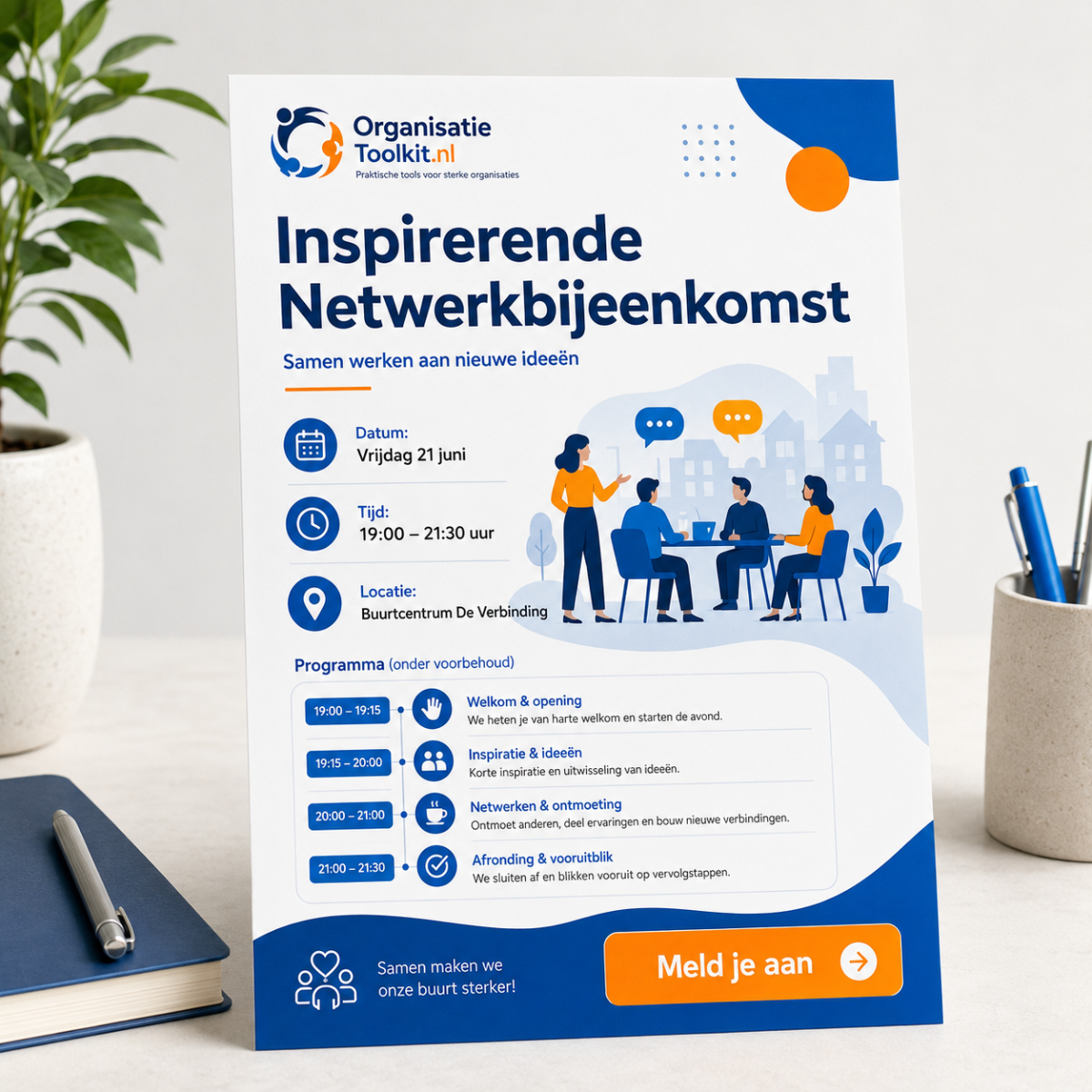 Voorbeeld van professionele event flyer voor maatschappelijke bijeenkomst